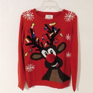Daisy's Boutique Funny Christmas Sweater Pom Pom Reindeer Nose Oh Deer Size XS